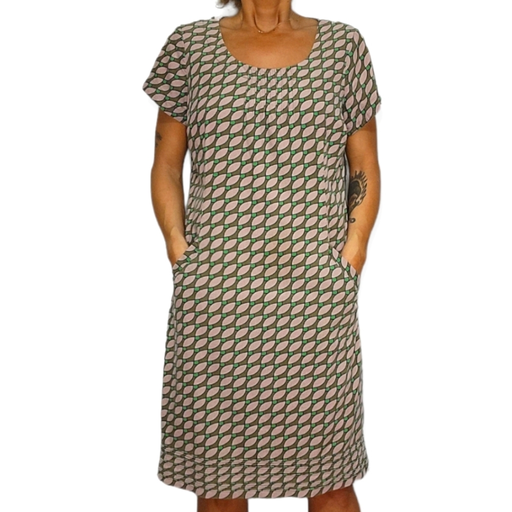 Adorable Boden Pockets Midi Dress 12 Long Brown & Pink Scoop-Neck Short Sleeve